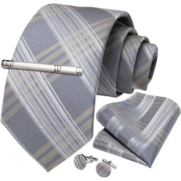 🆕Men Grey Plaid Silk Checkered Necktie Pocket Square Cufflinks Tie Clip Set